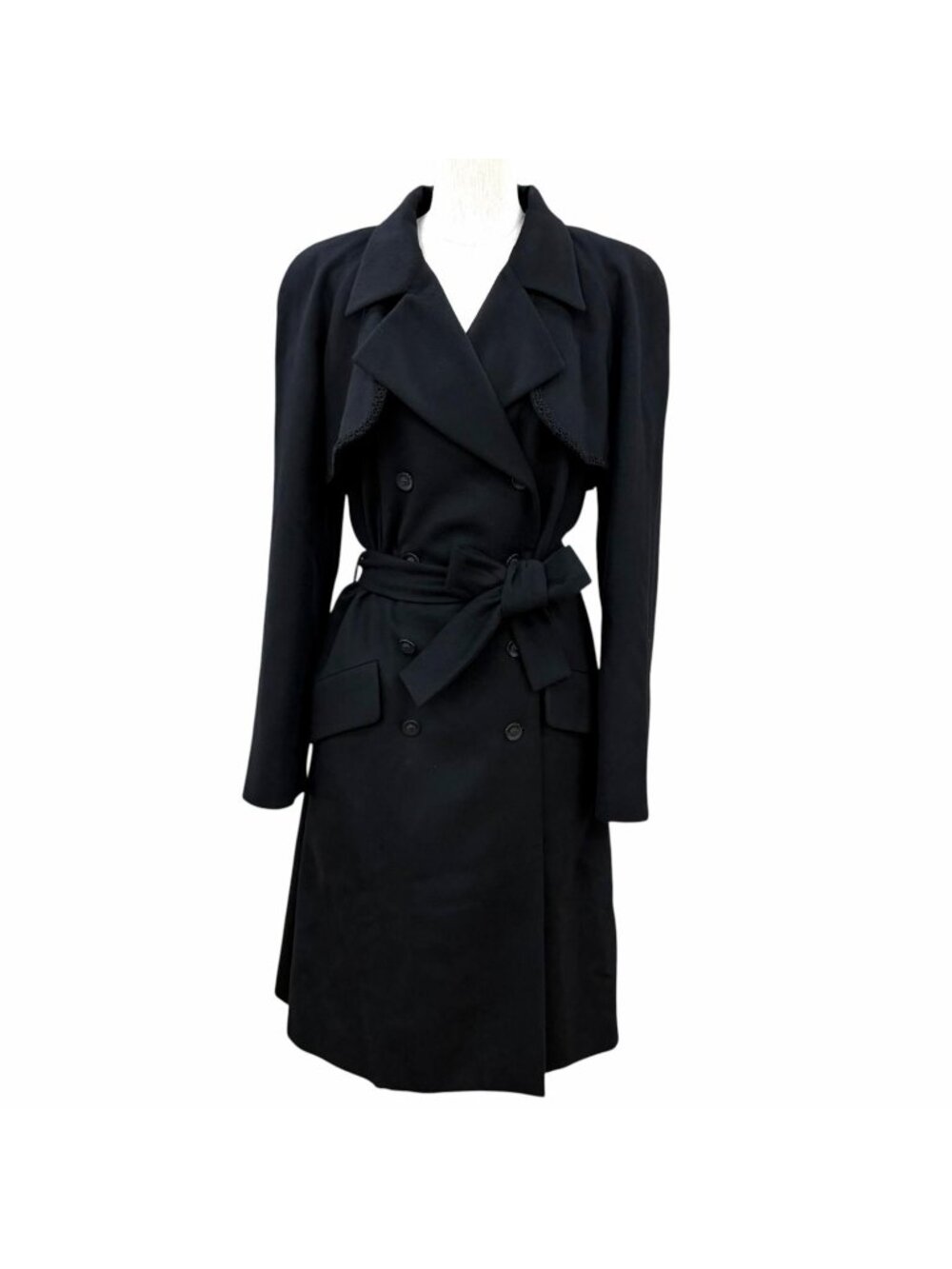 Chanel Cashmere 100% with Belt CC Logo Button Long Coat Black FR 40